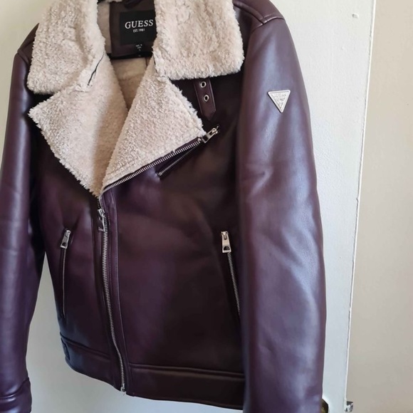 New,Guess Men Red Faux-Leather Faux-Shearling Asymetrical Motorcycle Jacket Sz-S - Picture 3 of 14